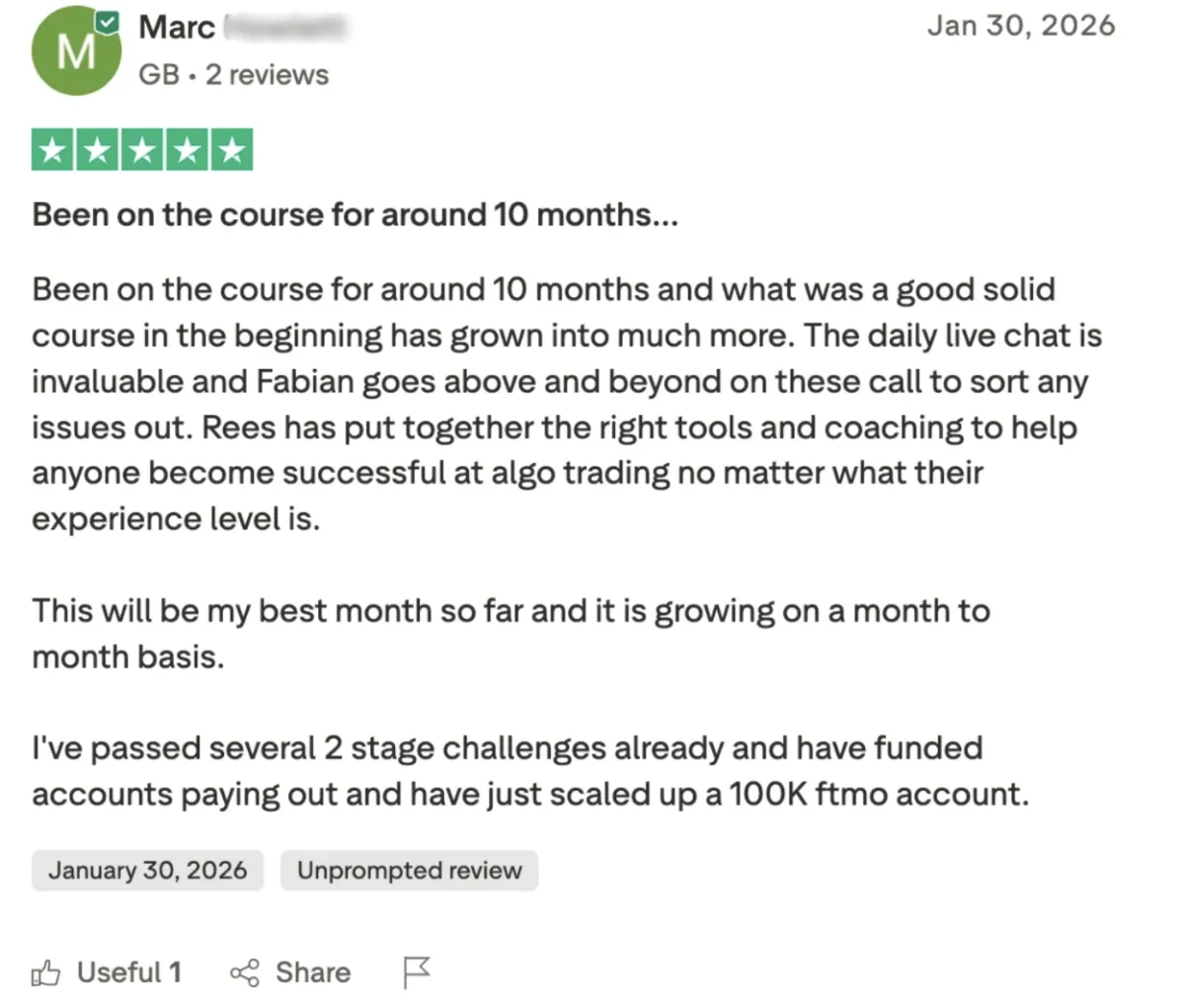 Five-star Trustpilot review from a student, number 12