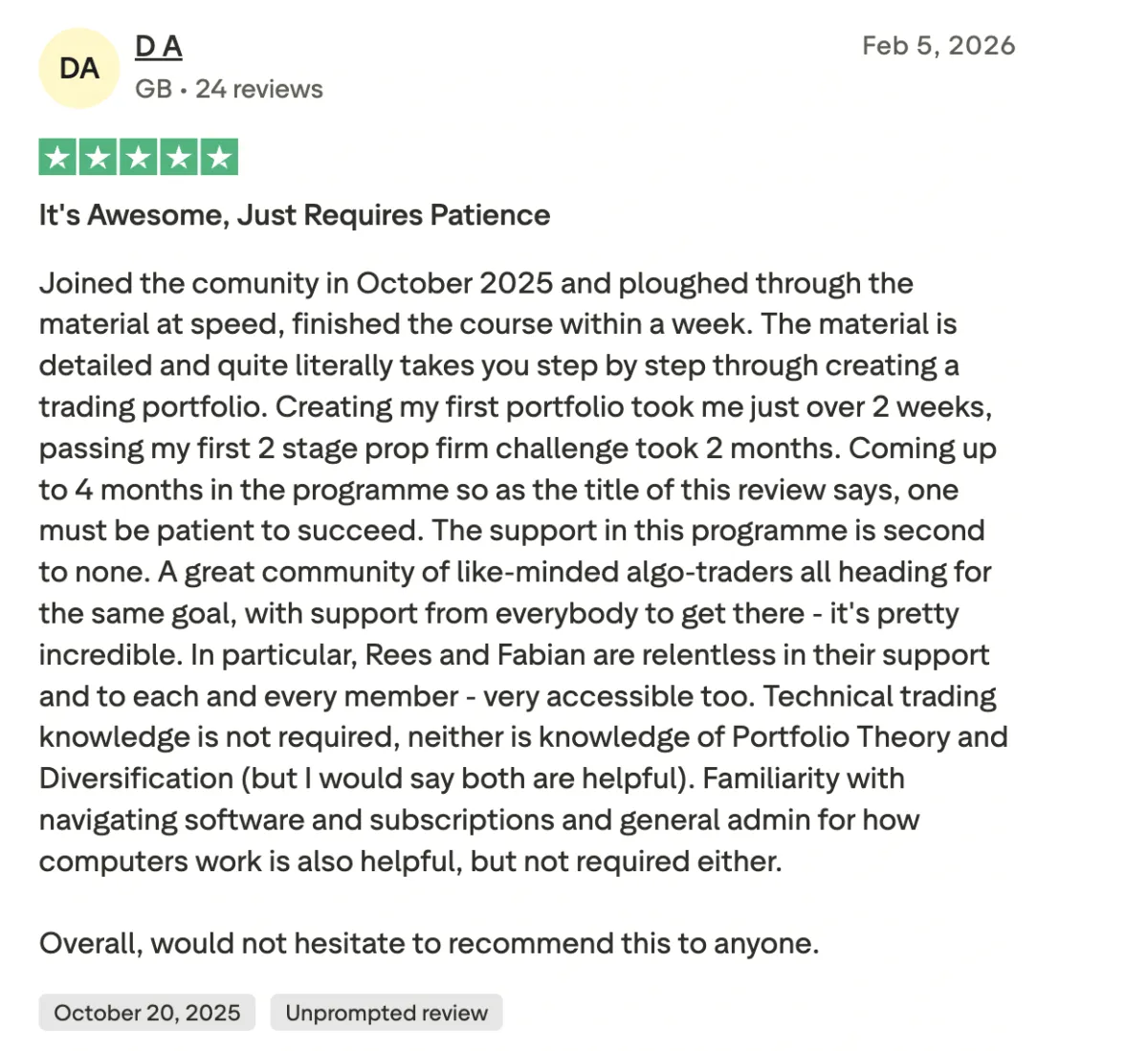 Five-star Trustpilot review from a student, number 18