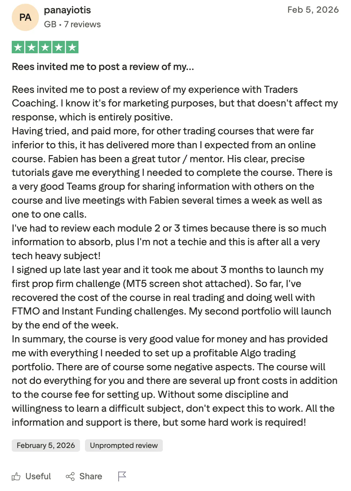 Five-star Trustpilot review from a student, number 10