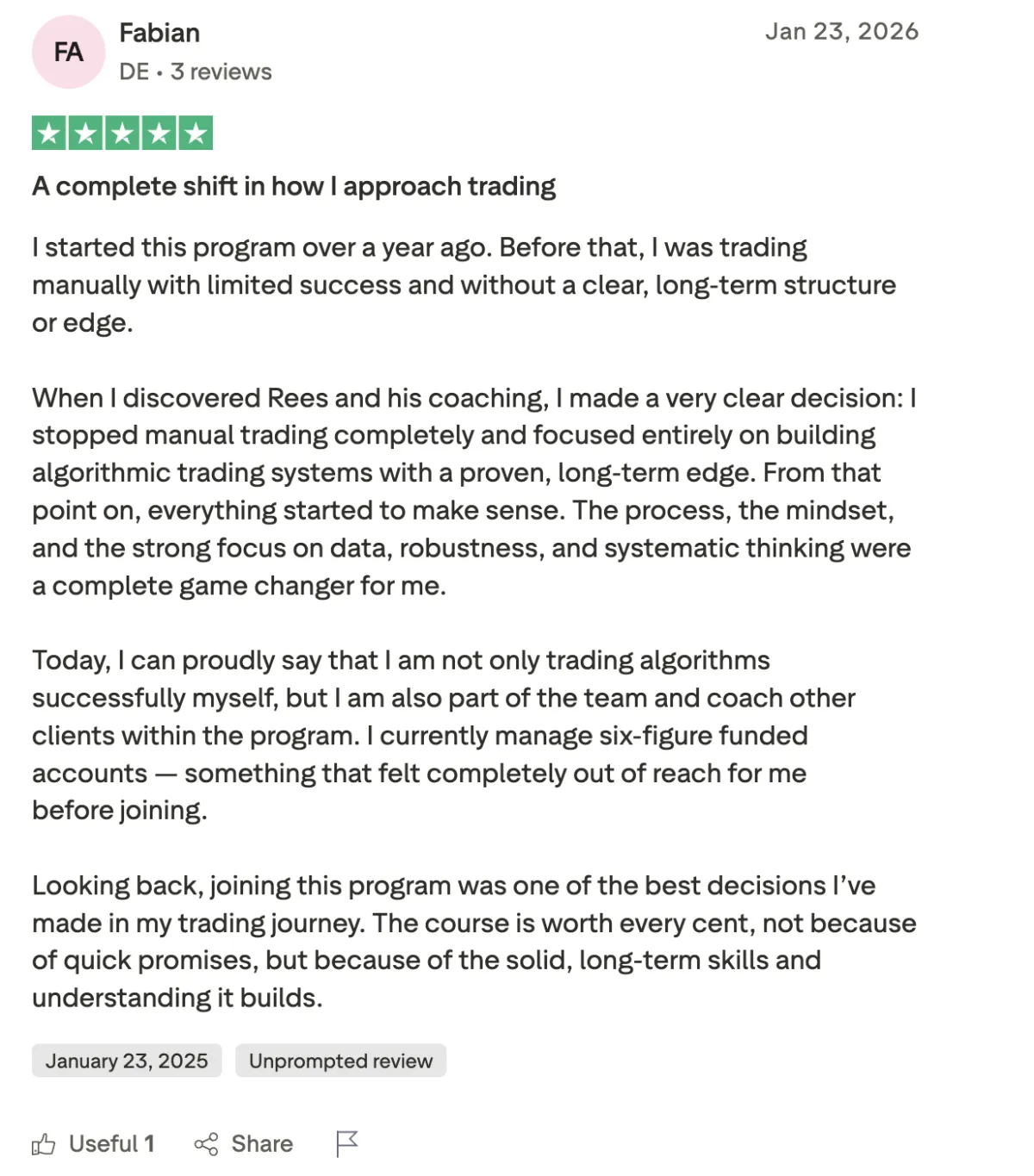 Five-star Trustpilot review from a student, number 16
