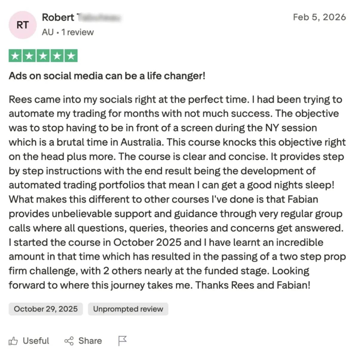 Five-star Trustpilot review from a student, number 2